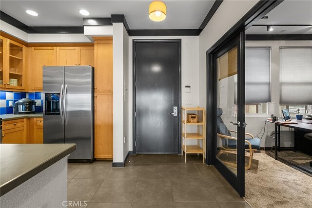12842 Palm St Unit 301, Garden Grove, CA 92840 - kitchen with tasteful backsplash, glass insert cabinets, stainless steel refrigerator with ice dispenser, and french doors