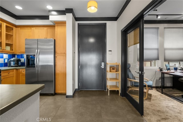 12842 Palm St Unit 301, Garden Grove, CA 92840 - kitchen with stainless steel fridge with ice dispenser, french doors, glass insert cabinets, and decorative backsplash
