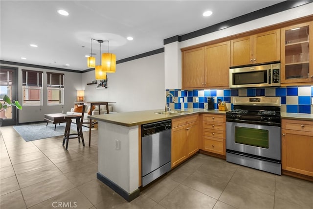 12842 Palm St Unit 301, Garden Grove, CA 92840 - kitchen with appliances with stainless steel finishes, backsplash, decorative light fixtures, glass insert cabinets, and recessed lighting