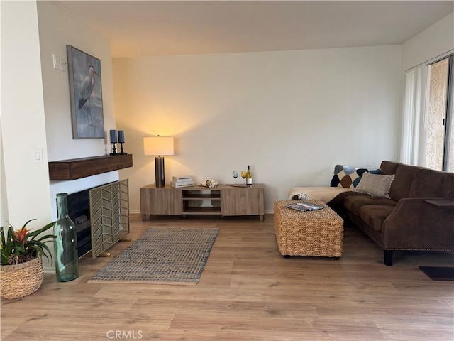 living area featuring baseboards, a fireplace, and wood finished floors