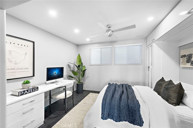 bedroom featuring baseboards, recessed lighting, a ceiling fan, and dark wood-style flooring