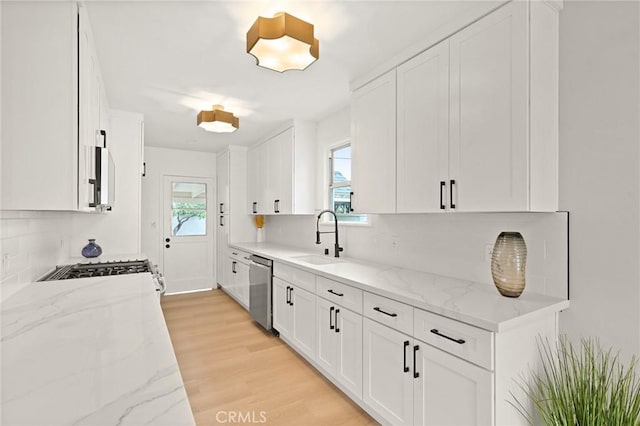347 E Barkley Ave, Orange, CA 92867 - kitchen with light wood finished floors, stainless steel appliances, backsplash, a sink, and white cabinetry