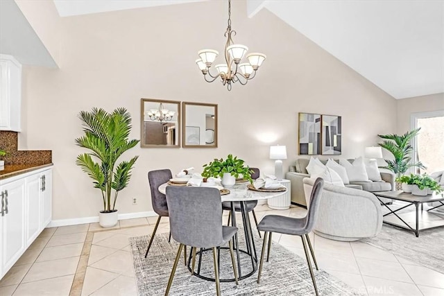 86 Sandpiper Unit 17, Irvine, CA 92604 - dining area with high vaulted ceiling, baseboards, an inviting chandelier, and light tile patterned floors