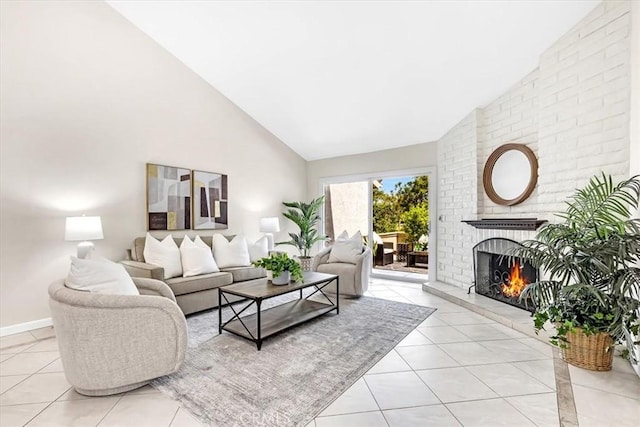 86 Sandpiper Unit 17, Irvine, CA 92604 - living room with a fireplace, baseboards, tile patterned flooring, and high vaulted ceiling
