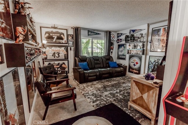 sitting room featuring carpet and a textured ceiling