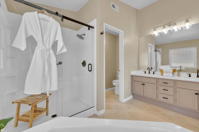 bathroom featuring double vanity, a sink, a stall shower, and toilet