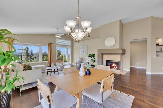 2487 Columbine Dr, Alpine, CA 91901 - dining space with lofted ceiling, a fireplace with flush hearth, wood finished floors, a chandelier, and baseboards