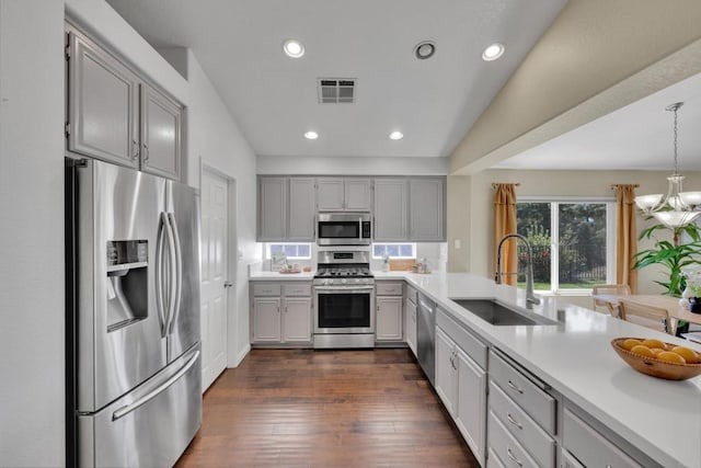 2487 Columbine Dr, Alpine, CA 91901 - kitchen with stainless steel appliances, a sink, gray cabinetry, light countertops, and recessed lighting