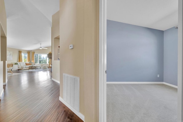 2487 Columbine Dr, Alpine, CA 91901 - hall with baseboards, wood finished floors, and vaulted ceiling