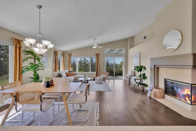 2487 Columbine Dr, Alpine, CA 91901 - dining area with plenty of natural light, lofted ceiling, wood finished floors, a tile fireplace, and a ceiling fan