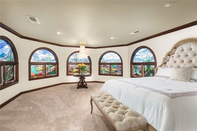 bedroom with baseboards, ornamental molding, visible vents, and carpet
