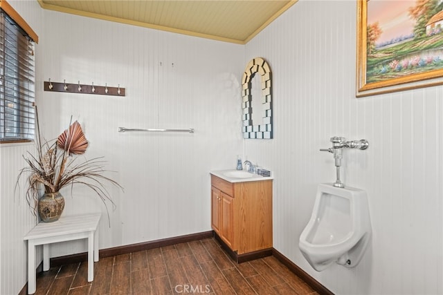 bathroom featuring crown molding, vanity, and wood finished floors