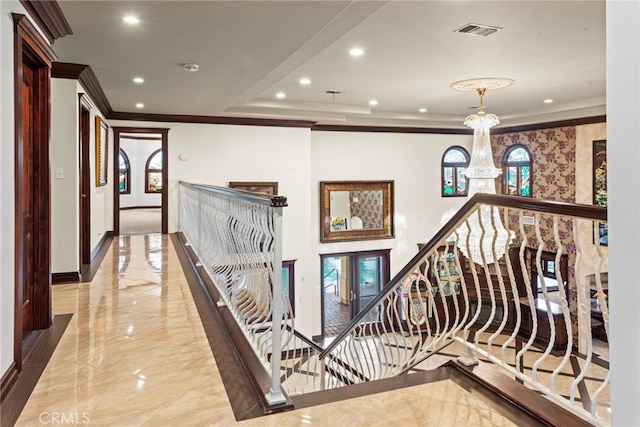 hall featuring marble finish floor, visible vents, crown molding, and recessed lighting