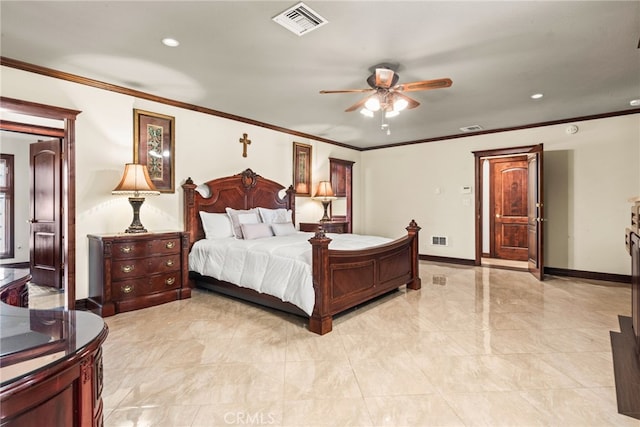 bedroom featuring baseboards, visible vents, and crown molding