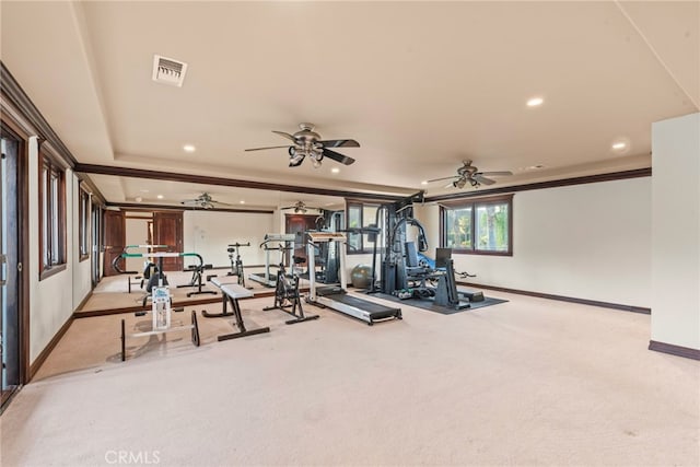 workout area with baseboards, visible vents, recessed lighting, carpet floors, and ornamental molding