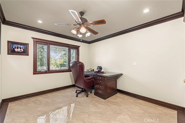 office featuring baseboards, recessed lighting, ceiling fan, and crown molding
