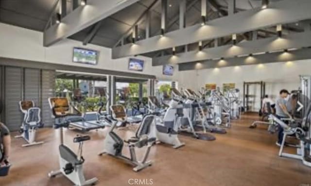 workout area featuring high vaulted ceiling