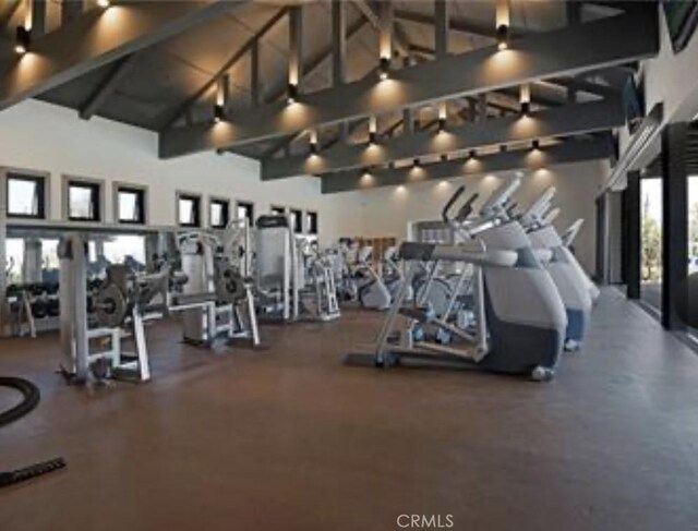 94 Jaripol Cir, Rancho Mission Viejo, CA 92694 - gym featuring high vaulted ceiling and beamed ceiling