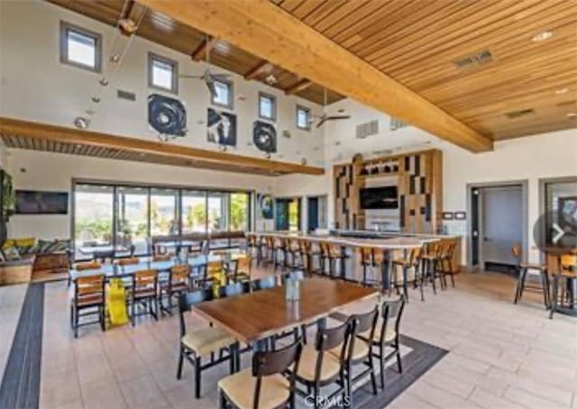 dining room featuring beamed ceiling, a high ceiling, and wooden ceiling