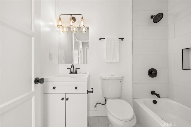 full bath featuring shower / bathtub combination, vanity, tile patterned flooring, and toilet