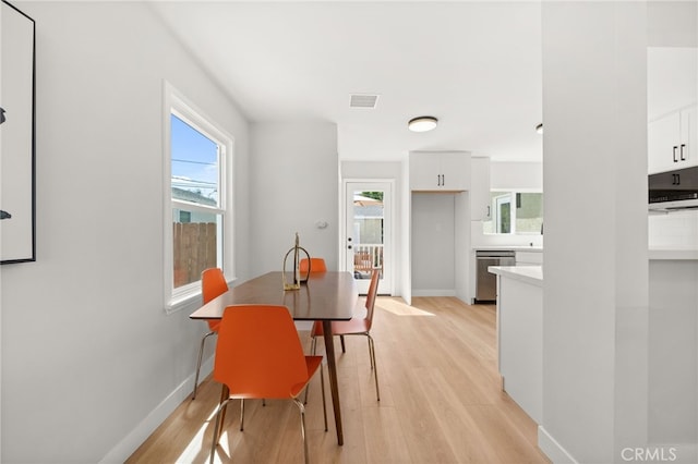 dining area with plenty of natural light, visible vents, light wood finished floors, and baseboards