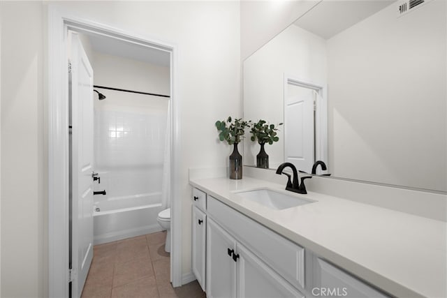 full bath featuring vanity, shower / bath combination, toilet, tile patterned flooring, and visible vents