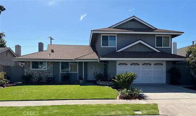 16591 Busby Ln, Huntington Beach, CA 92647 - view of front of property featuring driveway, a front lawn, roof with shingles, and a chimney