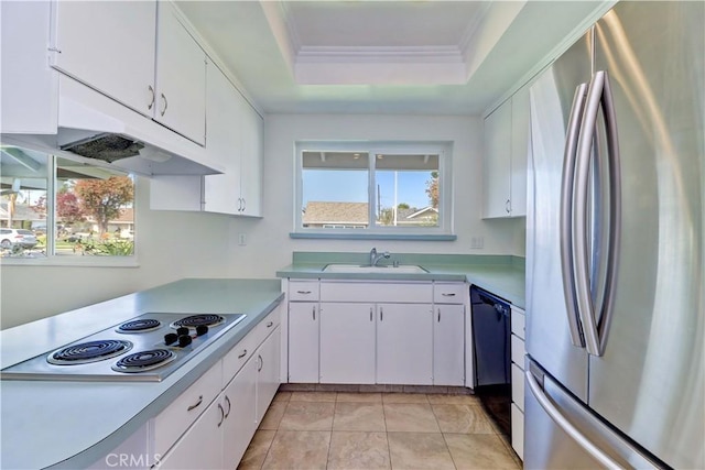 16591 Busby Ln, Huntington Beach, CA 92647 - kitchen featuring appliances with stainless steel finishes, a sink, a raised ceiling, light countertops, and under cabinet range hood