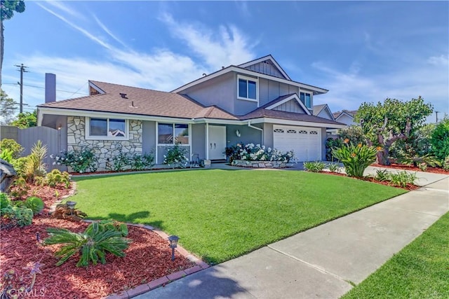 16591 Busby Ln, Huntington Beach, CA 92647 - view of front of house with stone siding, stucco siding, board and batten siding, and an attached garage
