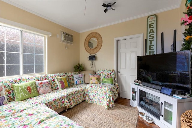 1843 Cerritos Ave, Long Beach, CA 90806 - living area with a wall unit AC, crown molding, and wood finished floors