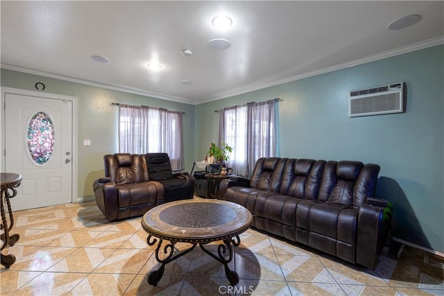 1843 Cerritos Ave, Long Beach, CA 90806 - living area featuring crown molding, a wall mounted AC, light tile patterned floors, and baseboards