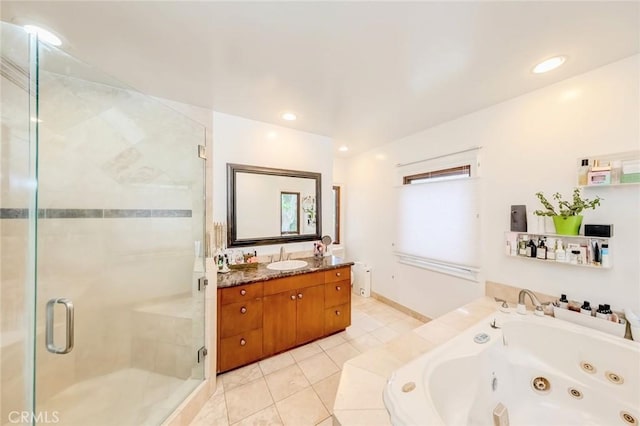 bathroom featuring vanity, tile patterned floors, recessed lighting, a tub with jets, and a shower stall