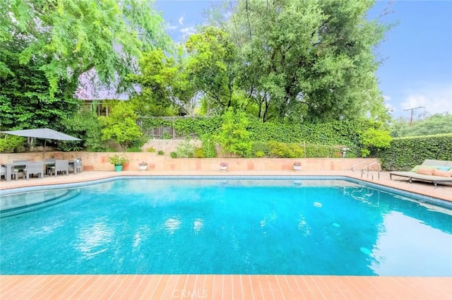 view of pool with a fenced backyard, a fenced in pool, and a patio area