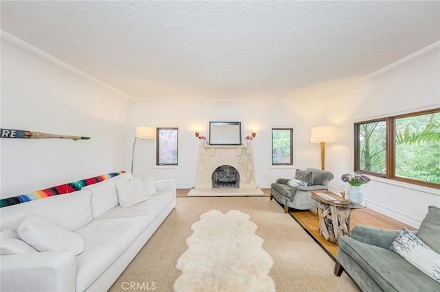 living area featuring ornamental molding, wood finished floors, a stone fireplace, baseboards, and a textured ceiling