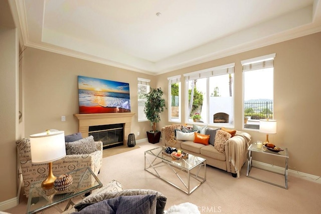 4505 Cresta Babia, San Clemente, CA 92673 - living area featuring a raised ceiling, carpet flooring, and a fireplace with flush hearth
