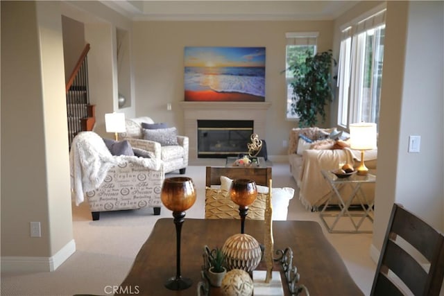 4505 Cresta Babia, San Clemente, CA 92673 - living room with carpet floors, ornamental molding, and a glass covered fireplace