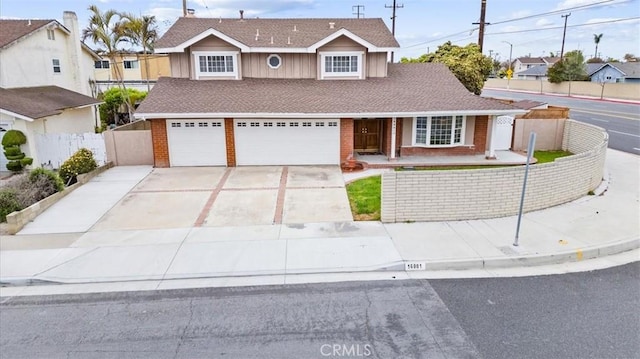 16001 Ballantine Ln, Huntington Beach, CA 92647 - traditional-style house featuring brick siding, concrete driveway, a garage, a shingled roof, and a porch