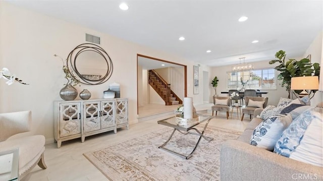 16001 Ballantine Ln, Huntington Beach, CA 92647 - living area featuring stairs, a chandelier, and recessed lighting