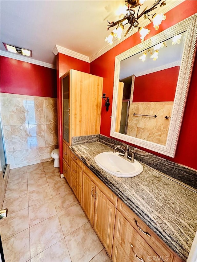 6225 Coldwater Canyon Ave Unit 117, North Hollywood, CA 91606 - bathroom featuring an enclosed shower, a chandelier, ornamental molding, and toilet