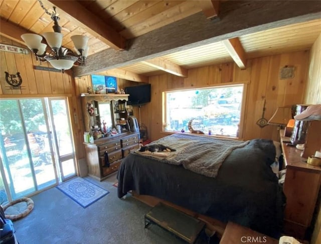 32647 Holly Trl, Frazier Park, CA 93225 - bedroom with wood walls, beam ceiling, wooden ceiling, and carpet floors