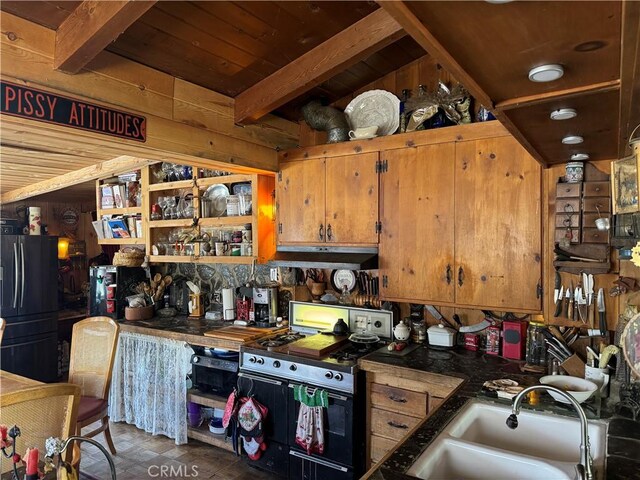 32647 Holly Trl, Frazier Park, CA 93225 - kitchen with a sink, freestanding refrigerator, under cabinet range hood, beam ceiling, and gas stove