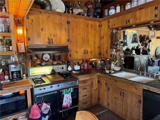 32647 Holly Trl, Frazier Park, CA 93225 - kitchen with a sink, brown cabinets, under cabinet range hood, black dishwasher, and double oven range