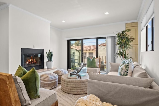 2357 Palos Verdes Dr W Unit 3, Palos Verdes Estates, CA 90274 - living area with ornamental molding, a glass covered fireplace, and recessed lighting