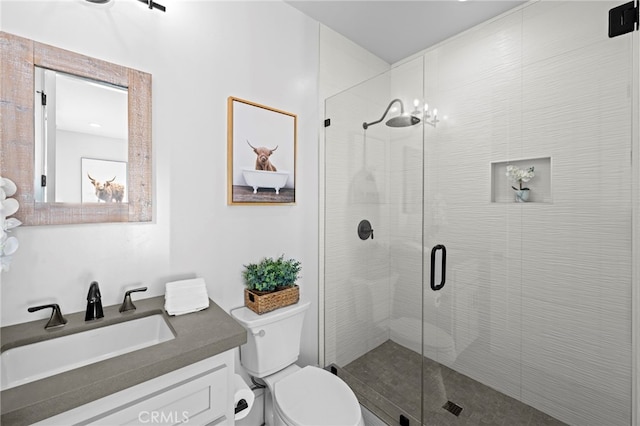 full bath featuring toilet, a shower stall, and vanity