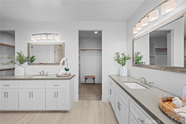 full bathroom featuring a sink, a walk in closet, and two vanities