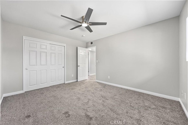 513 River Oaks Dr, Bakersfield, CA 93309 - unfurnished bedroom with a closet, ceiling fan, carpet, baseboards, and visible vents