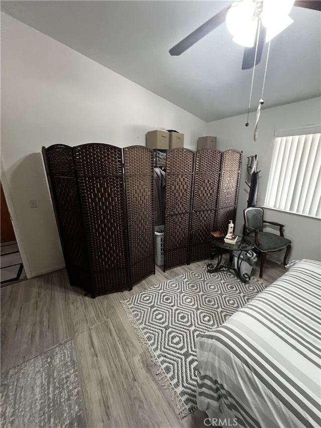 16389 Viho Ct, Apple Valley, CA 92307 - bedroom featuring light wood-type flooring, lofted ceiling, and a ceiling fan