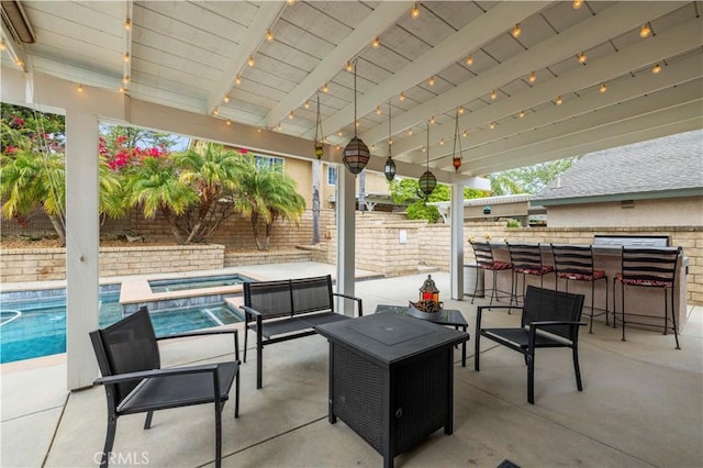 21643 Spice Ct, Saugus, CA 91350 - fenced backyard with a patio area, a pool with connected hot tub, and exterior bar
