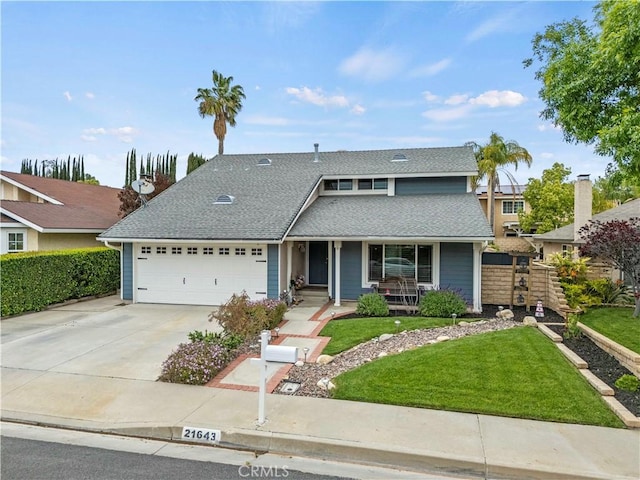 21643 Spice Ct, Saugus, CA 91350 - traditional-style home with a porch, concrete driveway, a shingled roof, and an attached garage