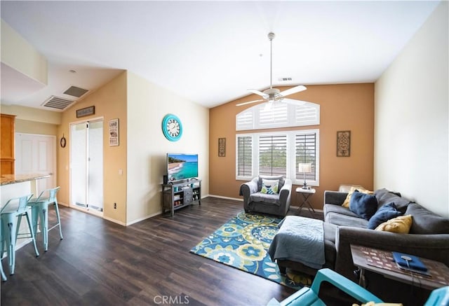 27518 Hazelhurst St Unit 1, Murrieta, CA 92562 - living area with vaulted ceiling, ceiling fan, dark wood-type flooring, and baseboards